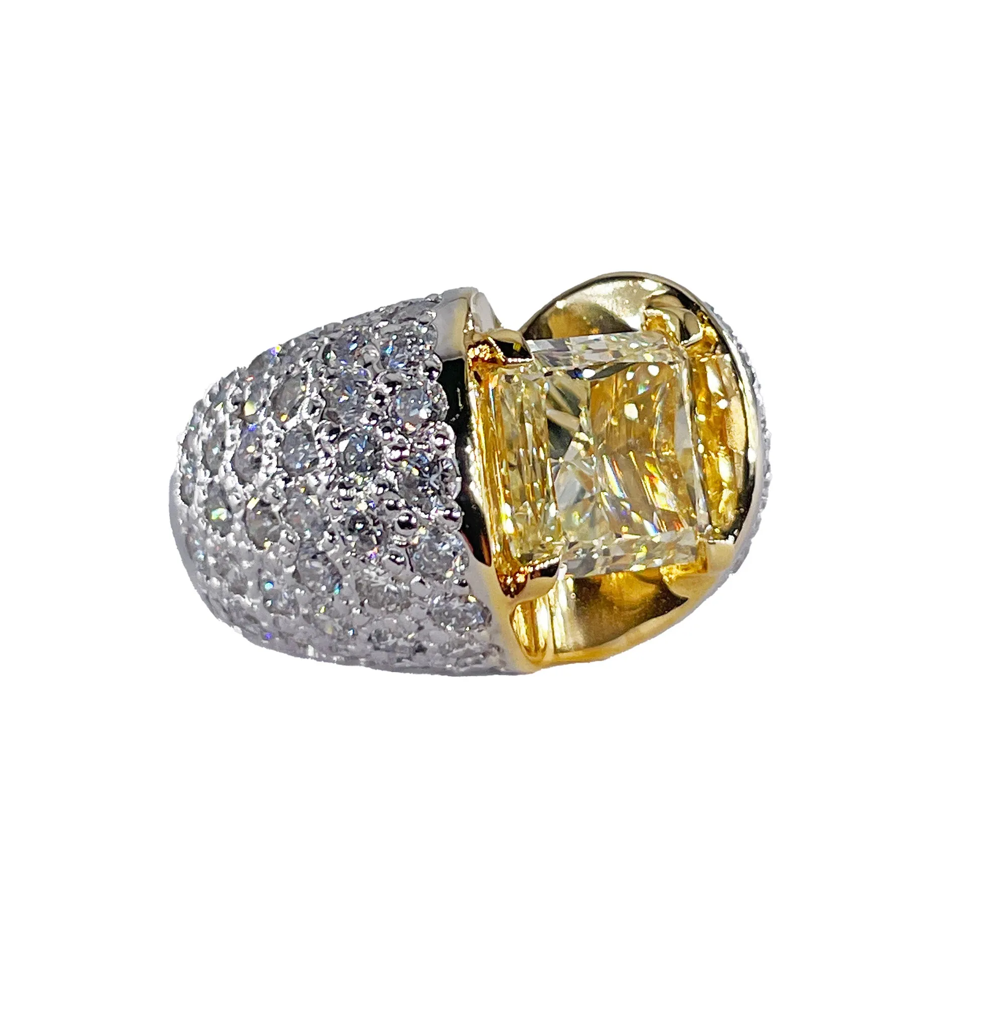 Vintage “Canary” GIA 7.02ctw Natural Fancy YELLOW Radiant Cut Diamond Dome 18K Ring