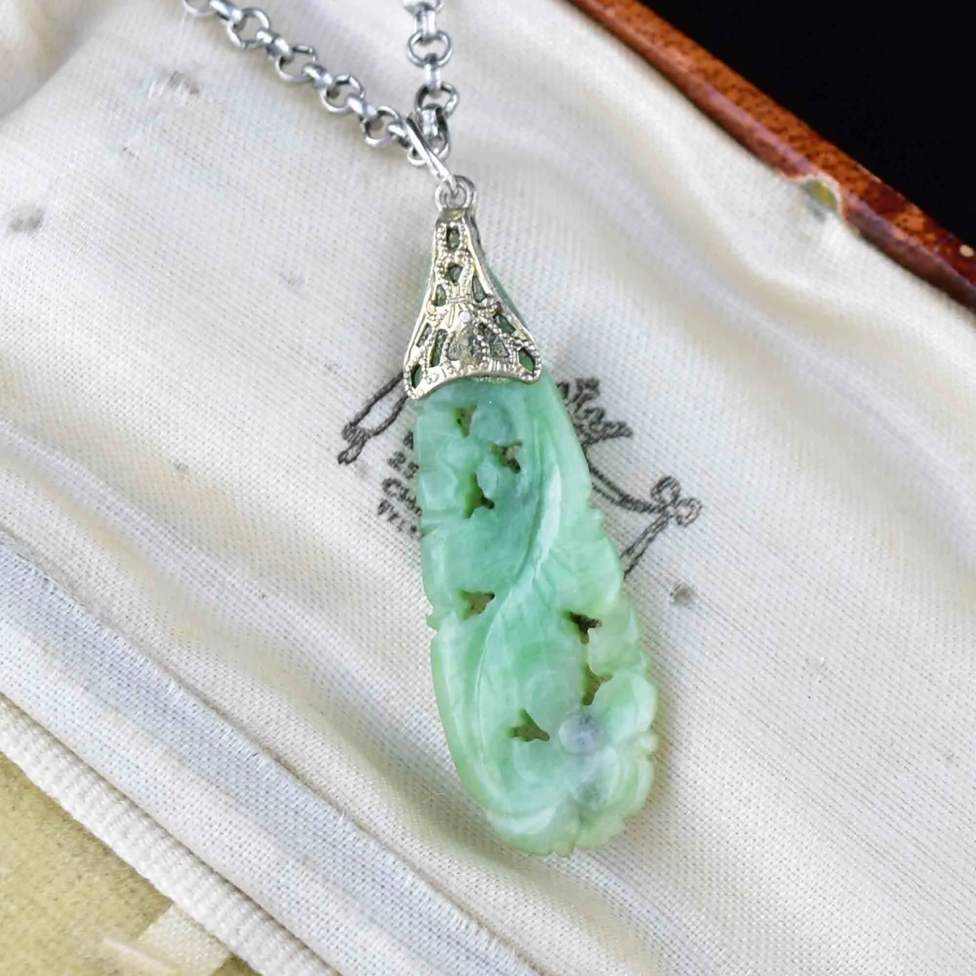 Vintage Carved Silver Jade Pendant Necklace