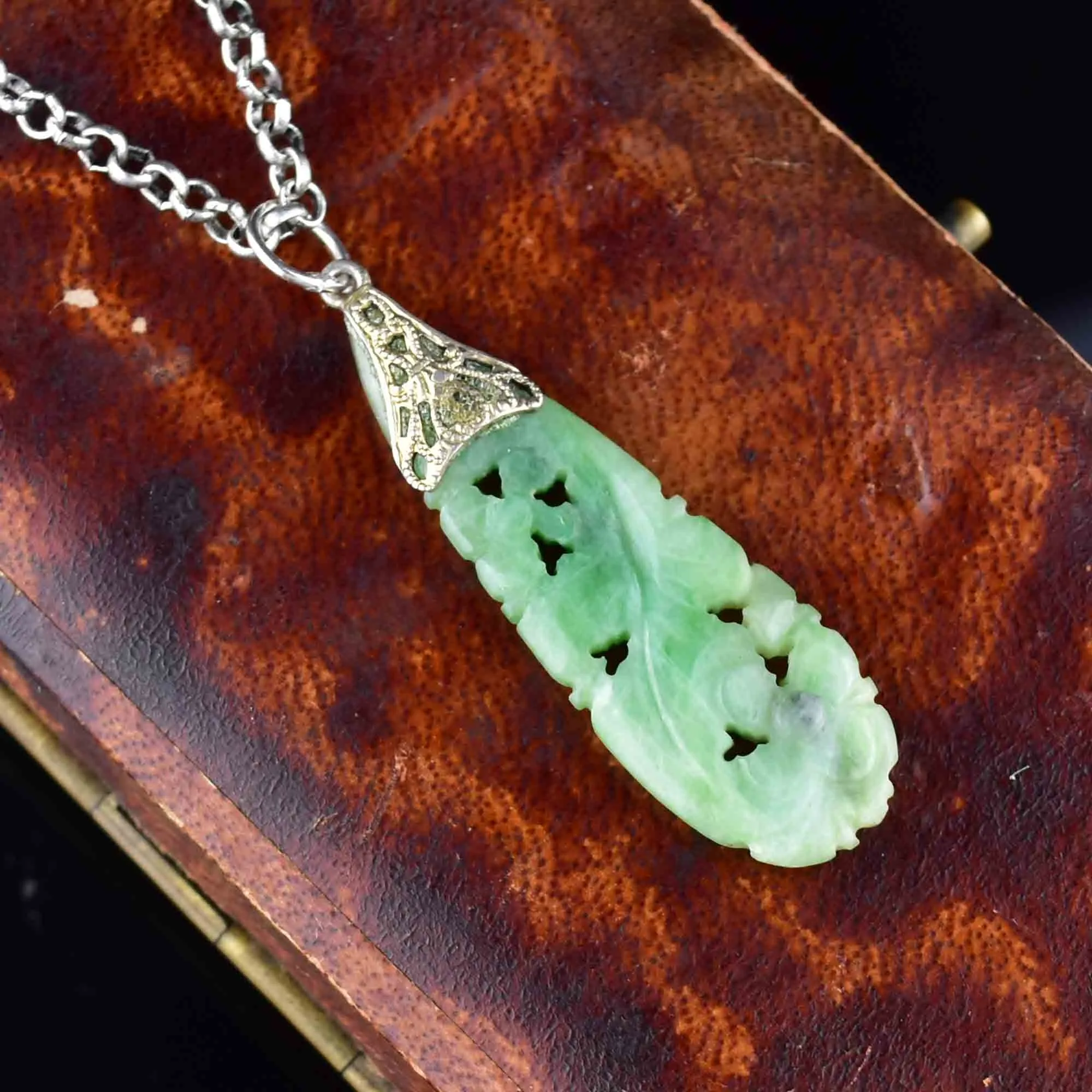 Vintage Carved Silver Jade Pendant Necklace