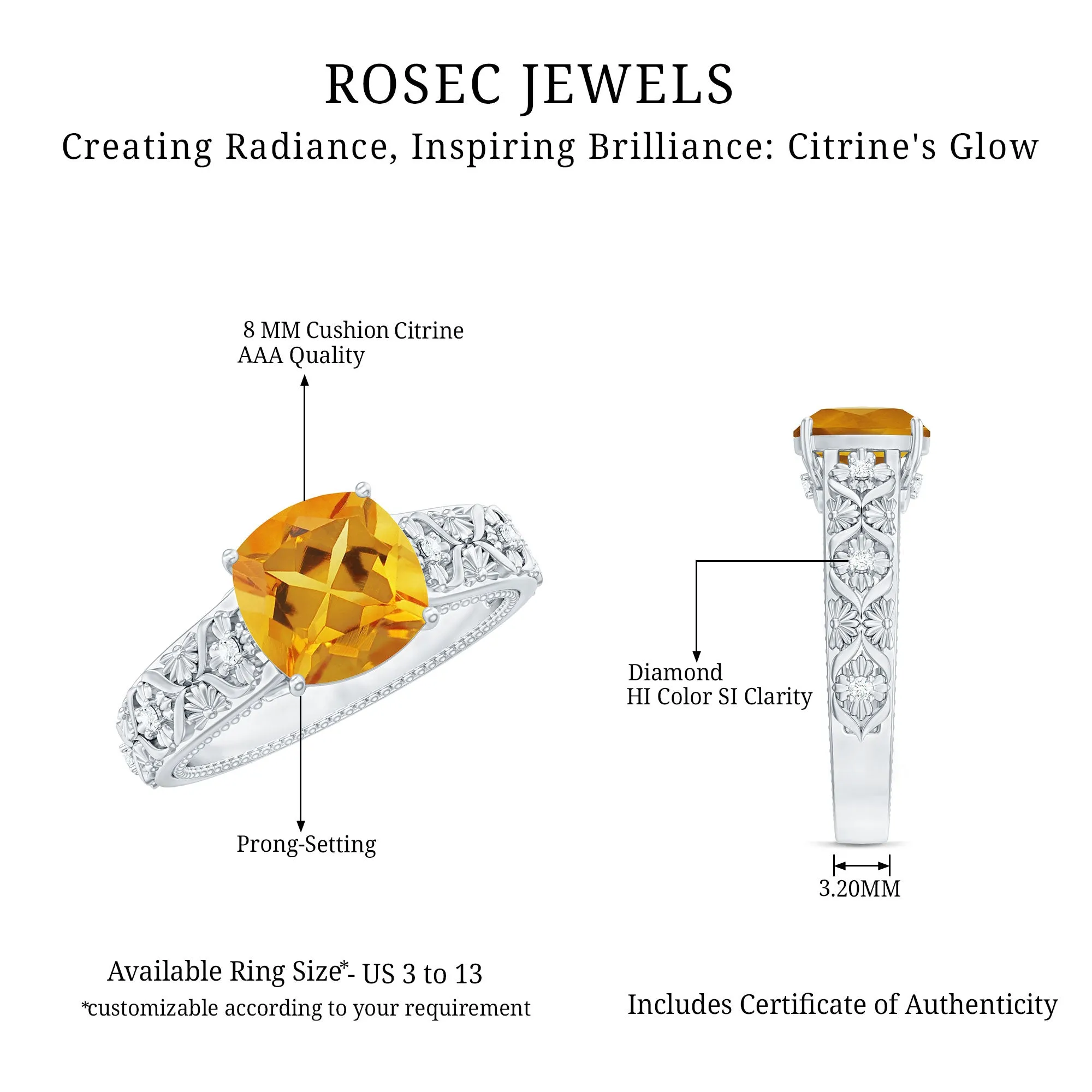 Vintage Inspired Cushion Cut Citrine Solitaire Ring with Diamond