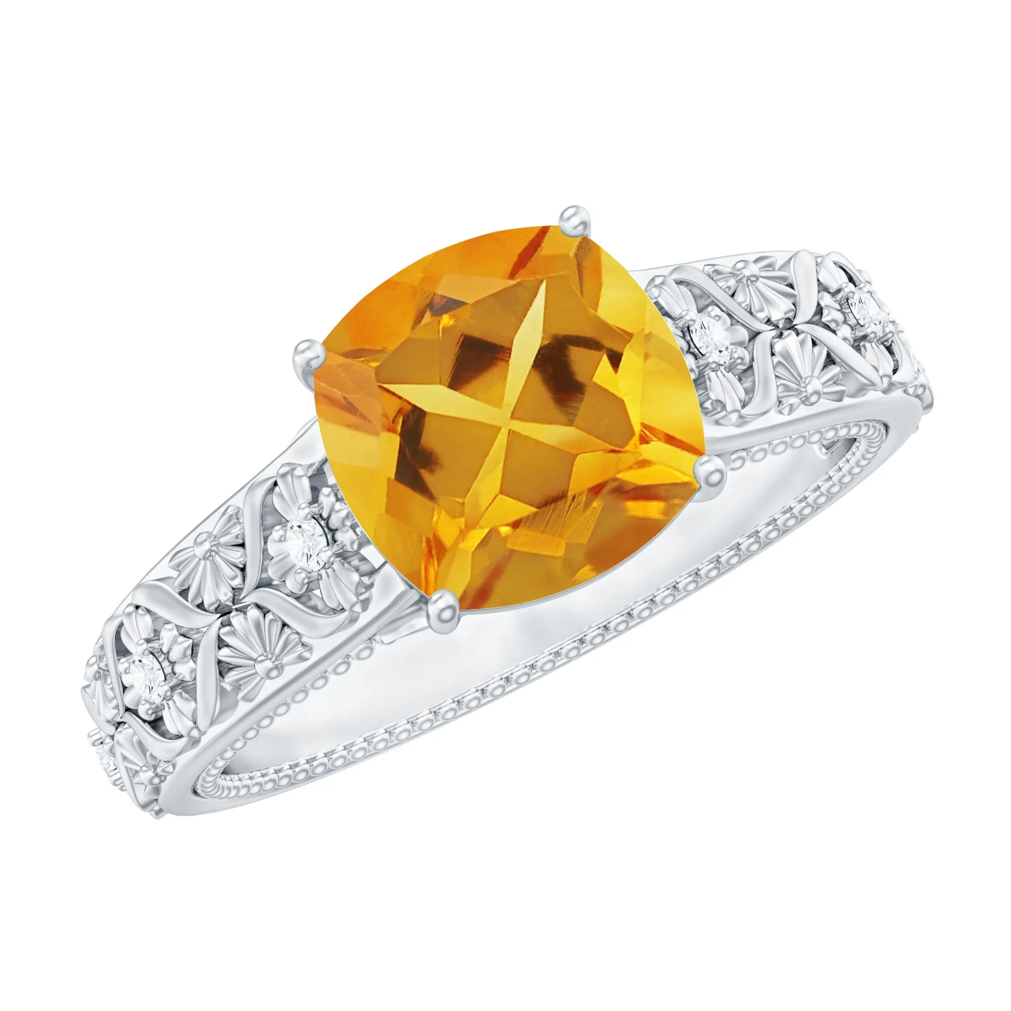 Vintage Inspired Cushion Cut Citrine Solitaire Ring with Diamond