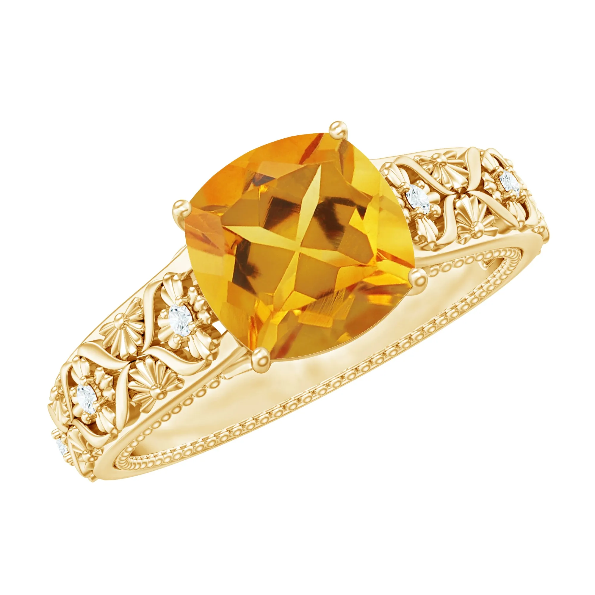 Vintage Inspired Cushion Cut Citrine Solitaire Ring with Diamond