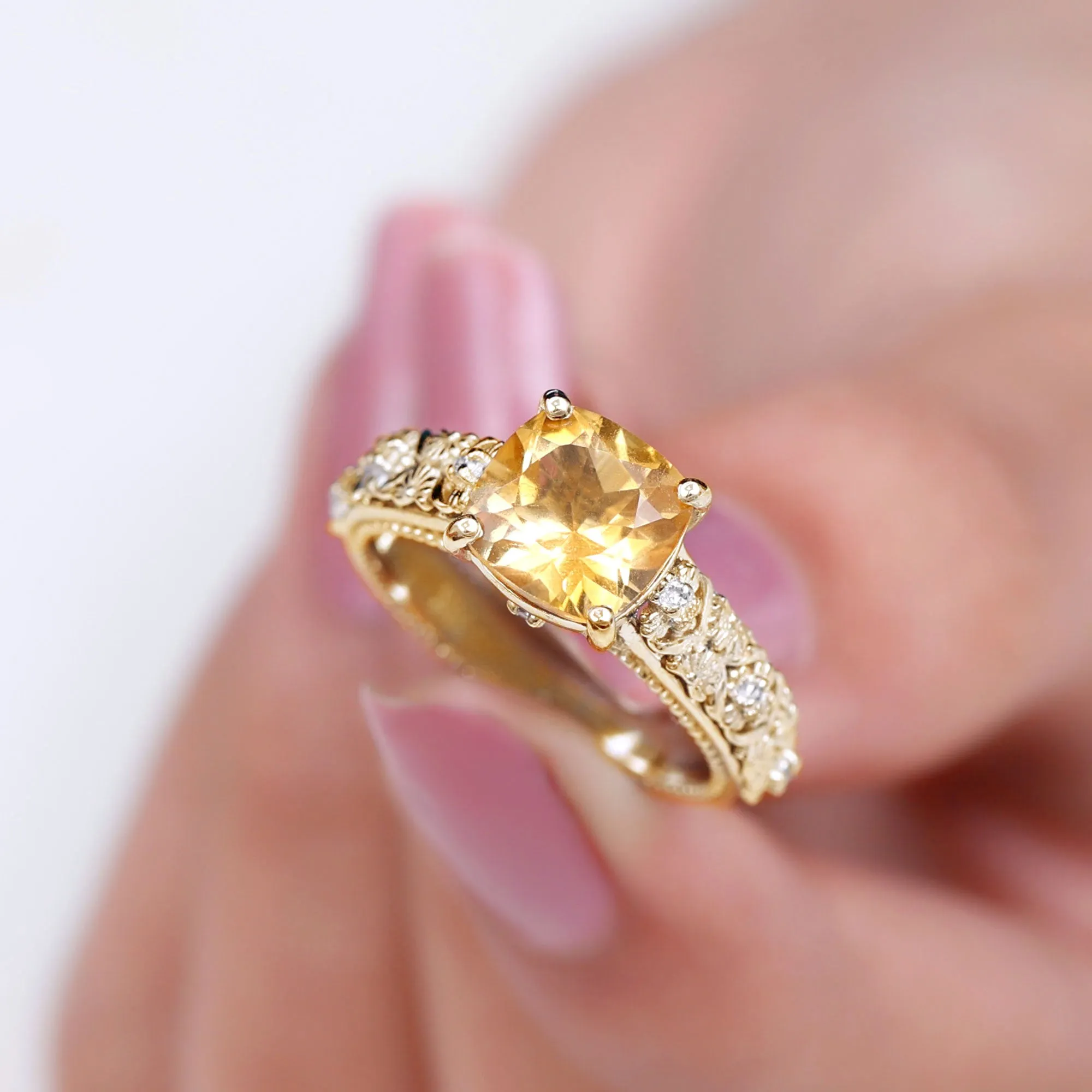 Vintage Inspired Cushion Cut Citrine Solitaire Ring with Diamond