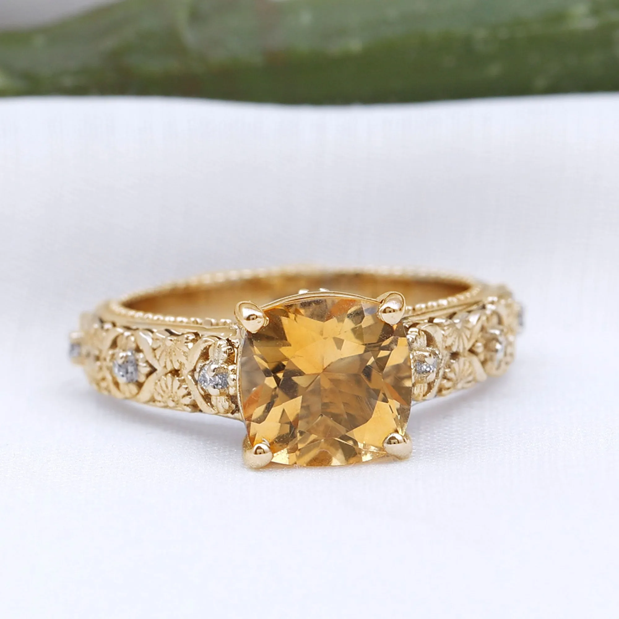 Vintage Inspired Cushion Cut Citrine Solitaire Ring with Diamond