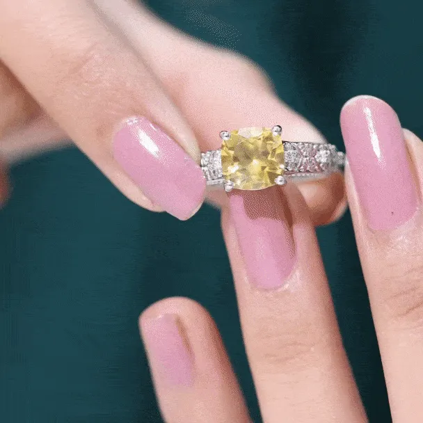 Vintage Inspired Cushion Cut Citrine Solitaire Ring with Diamond