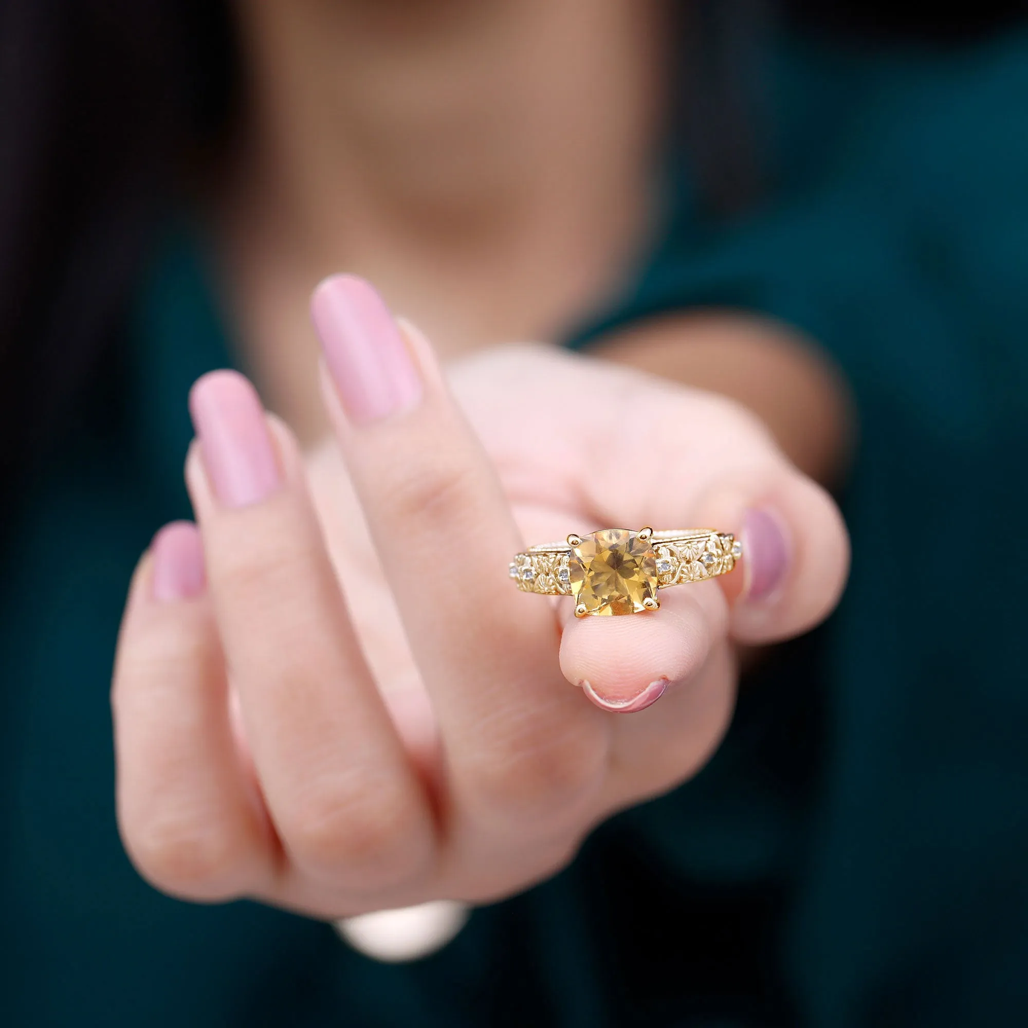 Vintage Inspired Cushion Cut Citrine Solitaire Ring with Diamond