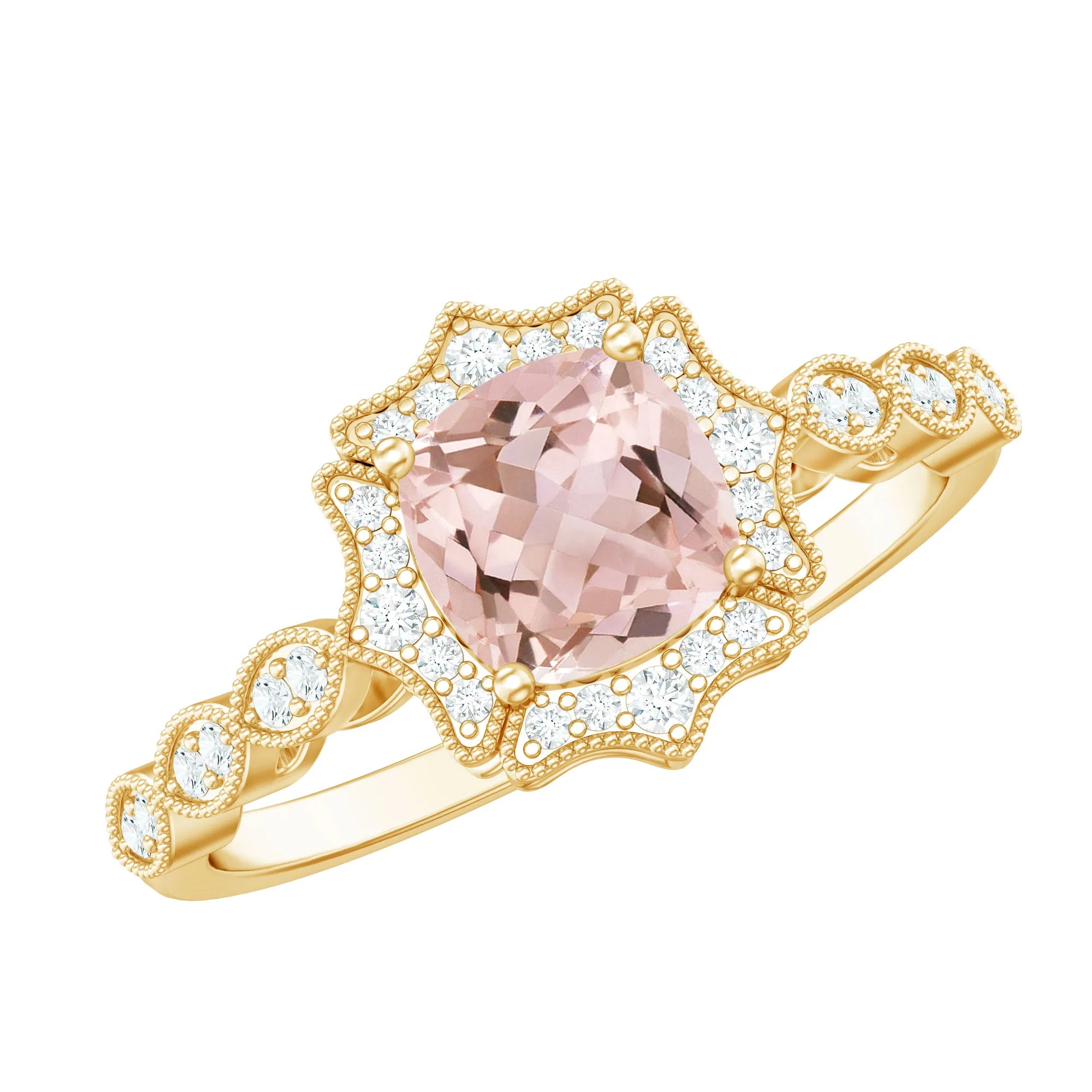 Vintage Inspired Cushion Cut Morganite and Diamond Halo Engagement Ring