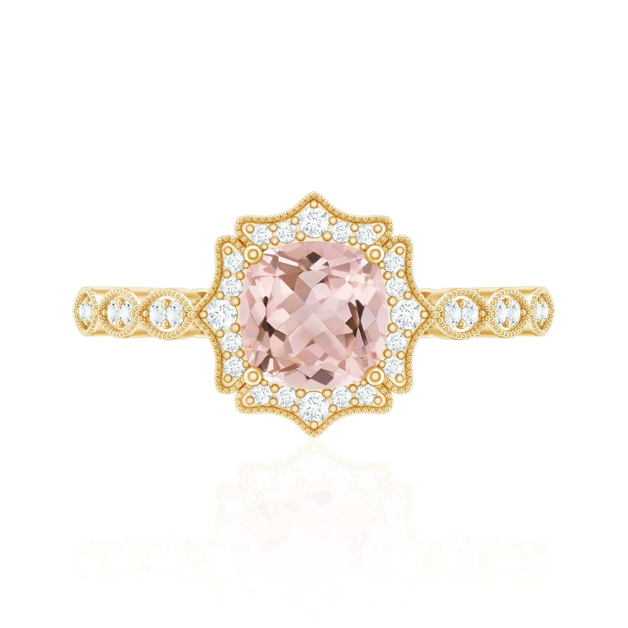 Vintage Inspired Cushion Cut Morganite and Diamond Halo Engagement Ring