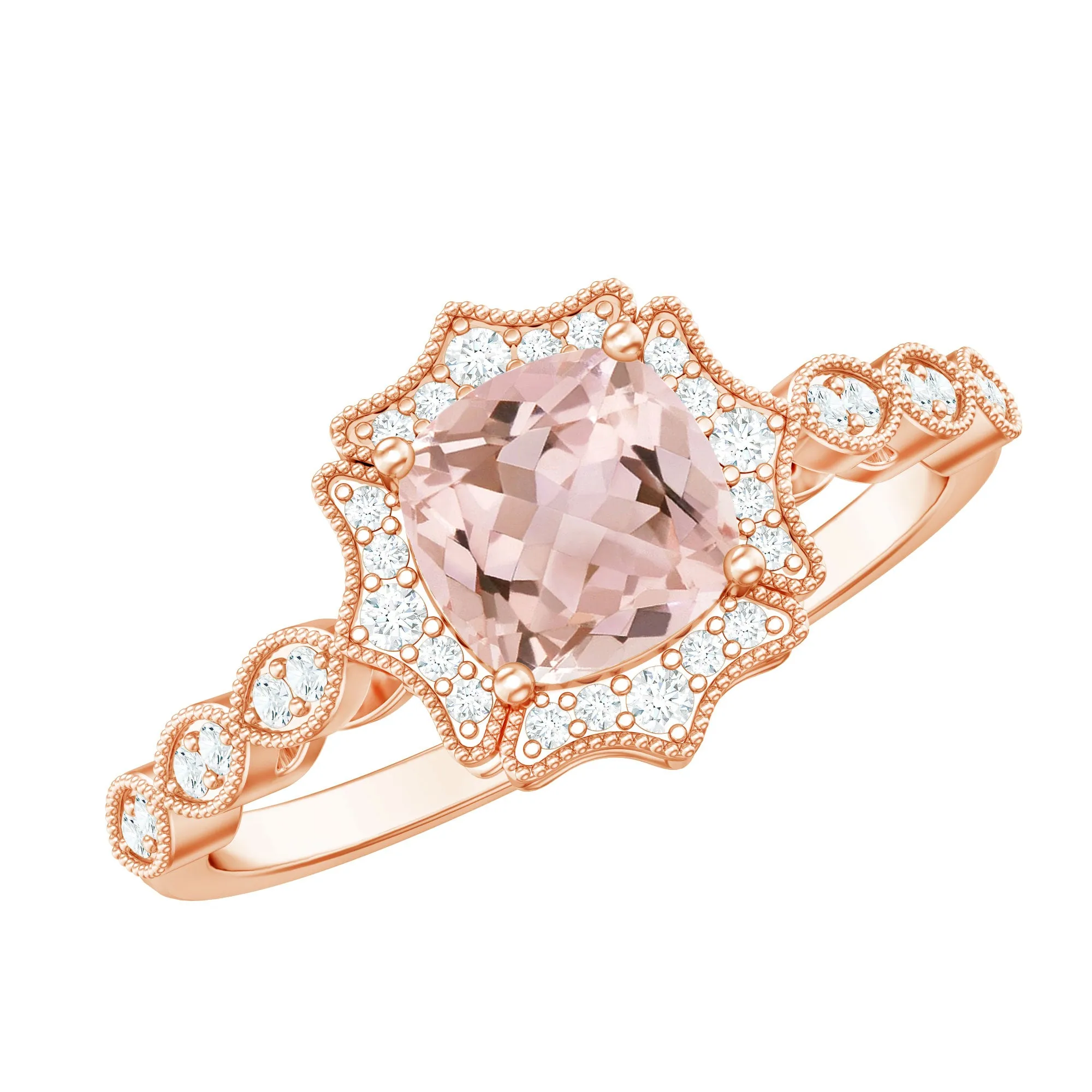 Vintage Inspired Cushion Cut Morganite and Diamond Halo Engagement Ring