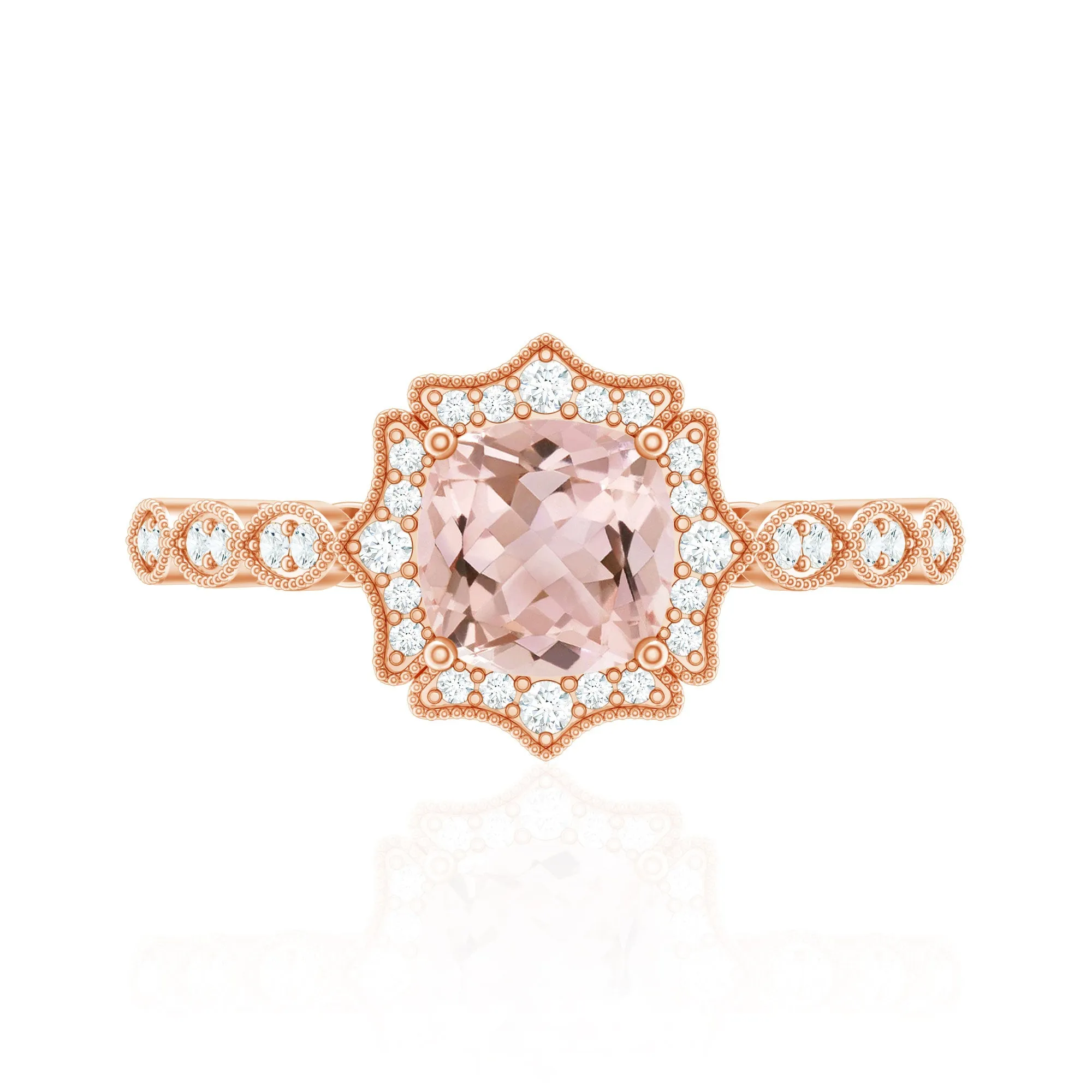 Vintage Inspired Cushion Cut Morganite and Diamond Halo Engagement Ring