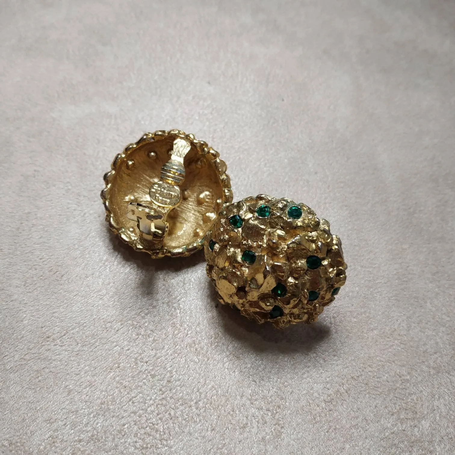 Vintage Scherrer Earrings Chunky Gold Green Crystal Clip on