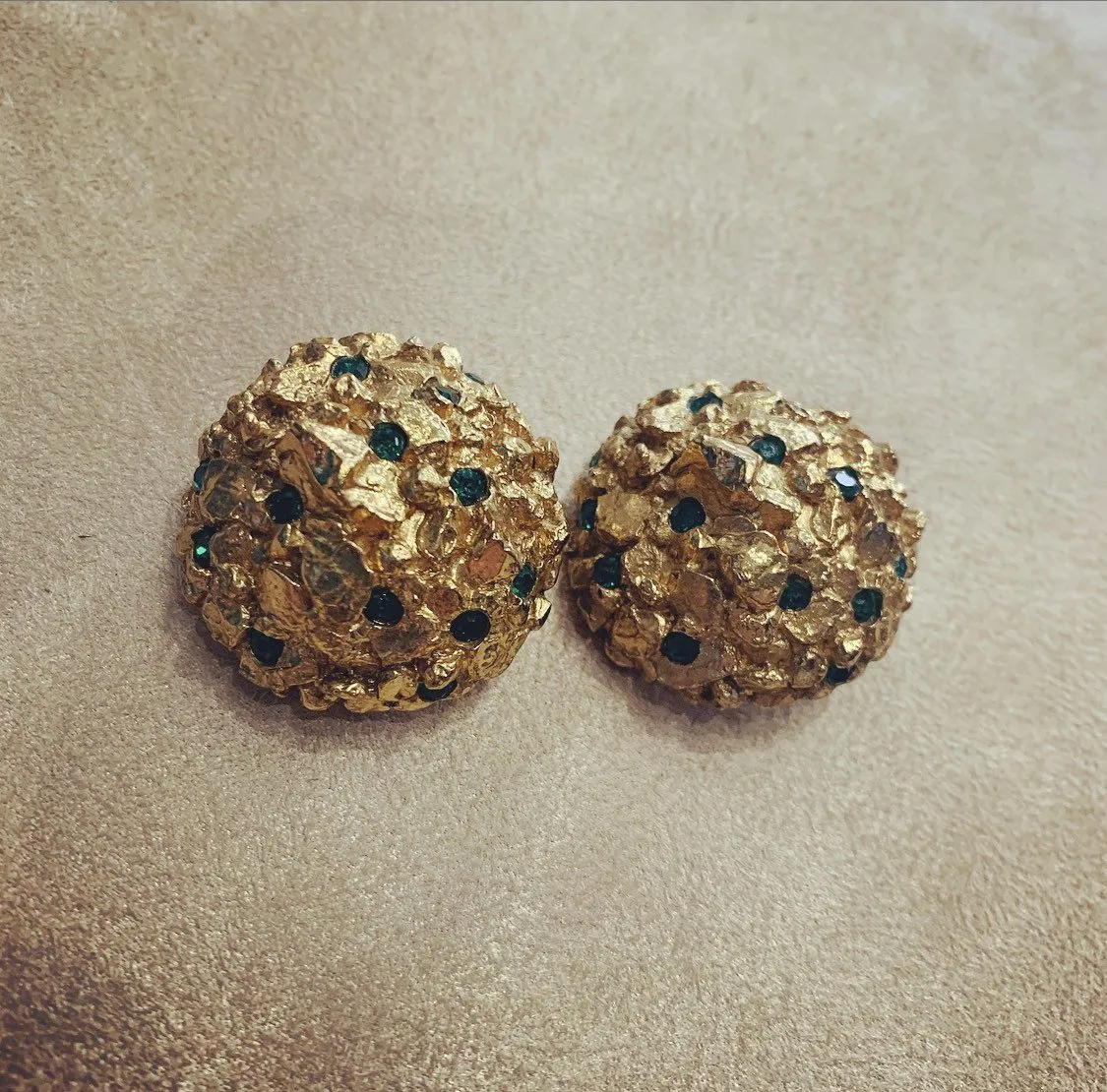 Vintage Scherrer Earrings Chunky Gold Green Crystal Clip on