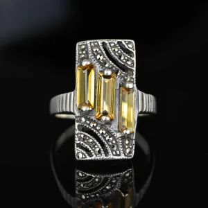 Vintage Sterling Silver Marcasite Baguette Citrine Ring