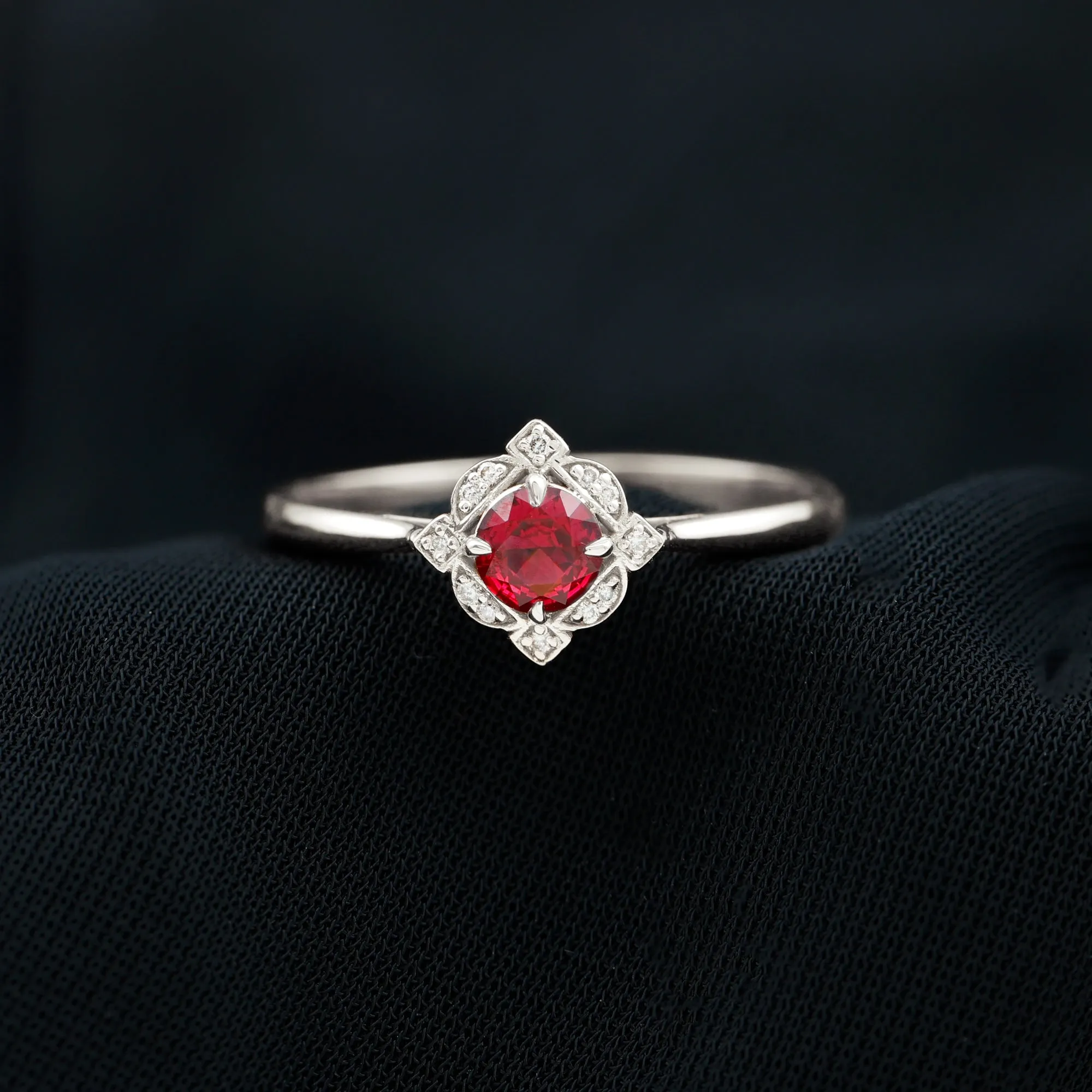 Vintage Style Lab Grown Ruby and Diamond Engagement Ring