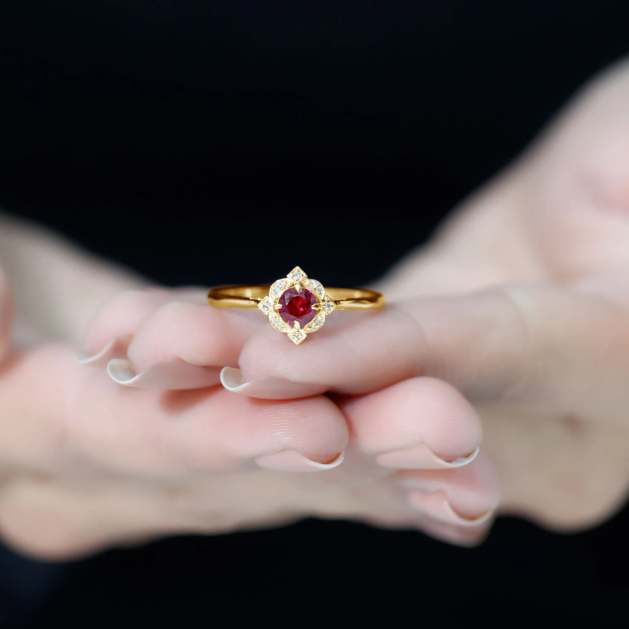 Vintage Style Lab Grown Ruby and Diamond Engagement Ring