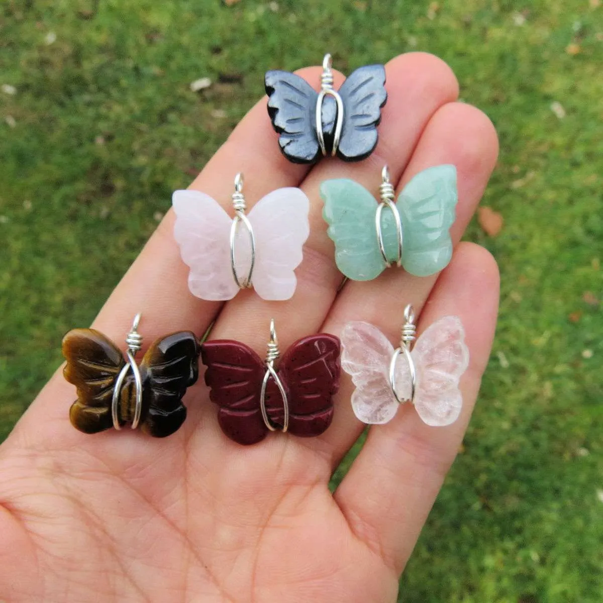 Wire Wrapped Crystal Butterfly Necklace | Mini Carved Stone Butterfly Animal