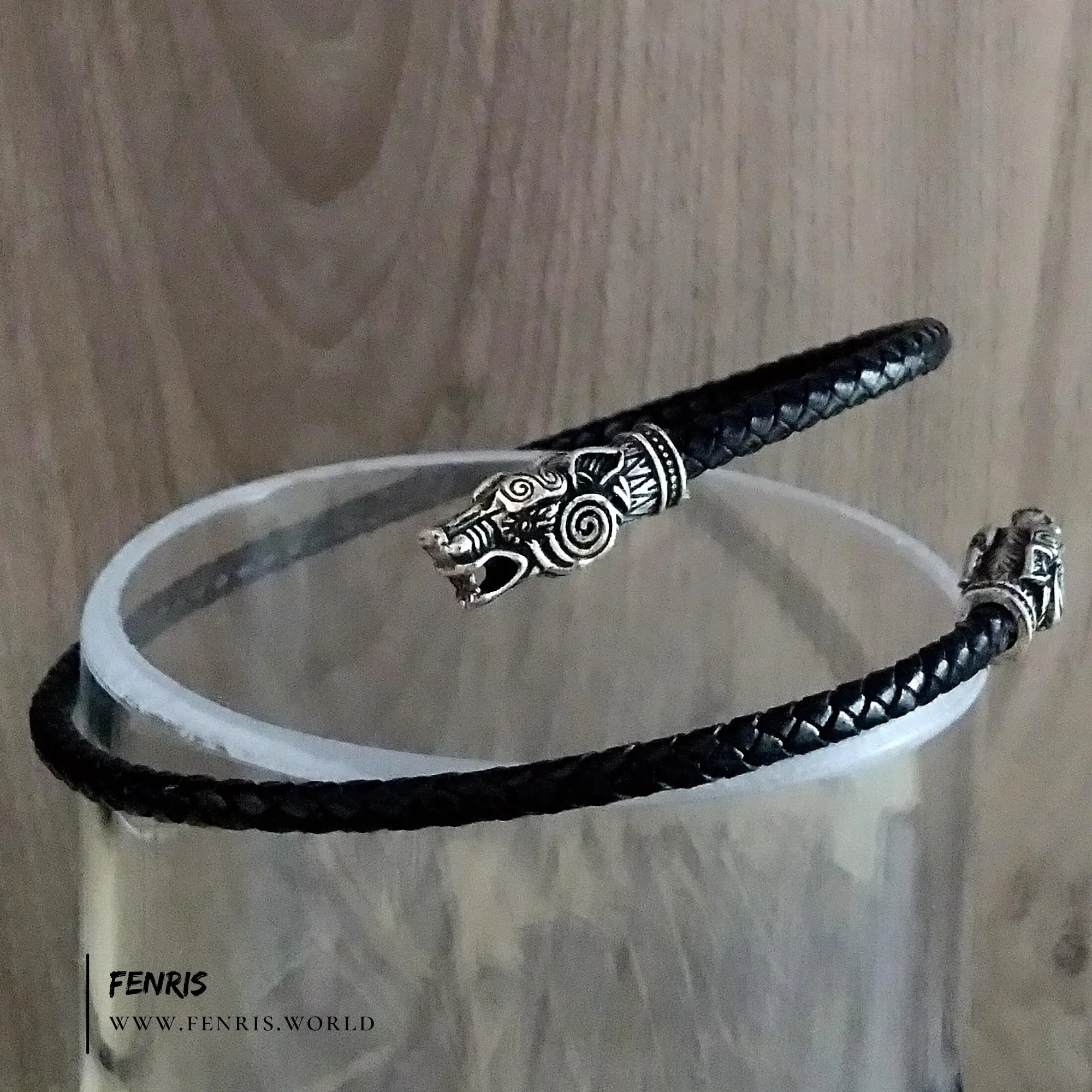 Wolf Arm Ring Torc Bracelet Silver Black Leather