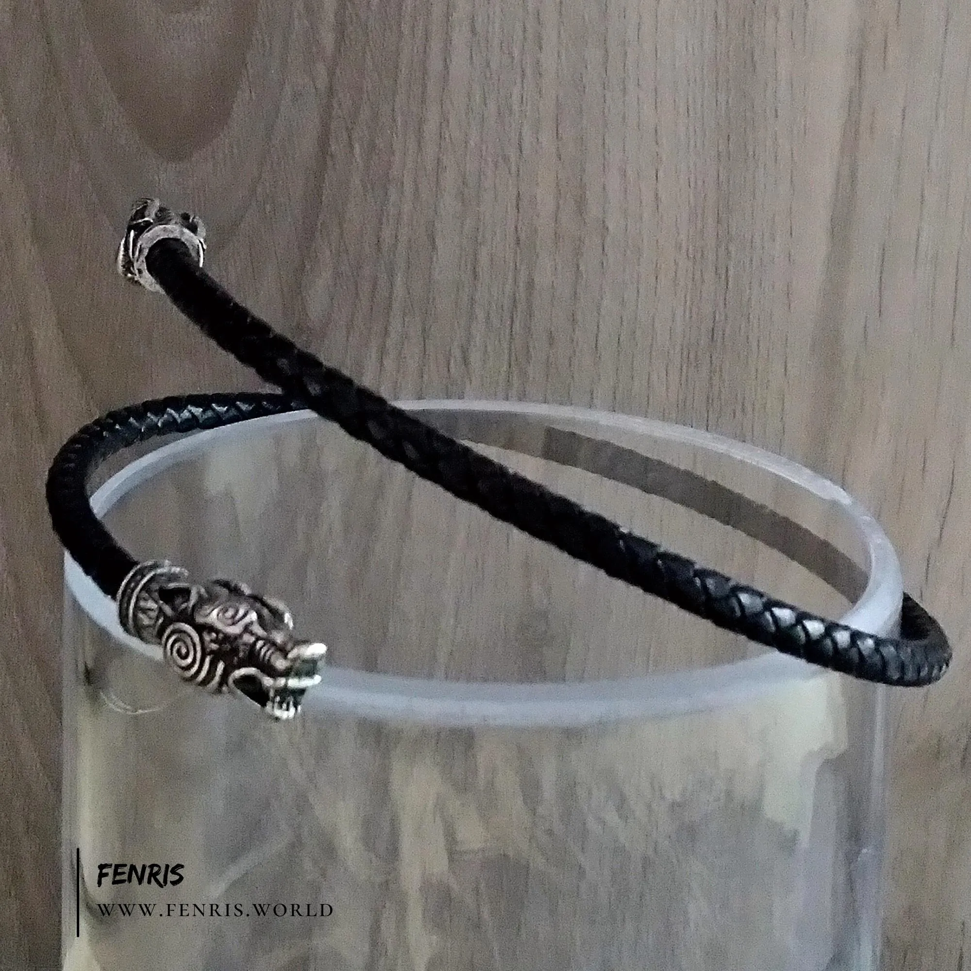 Wolf Arm Ring Torc Bracelet Silver Black Leather