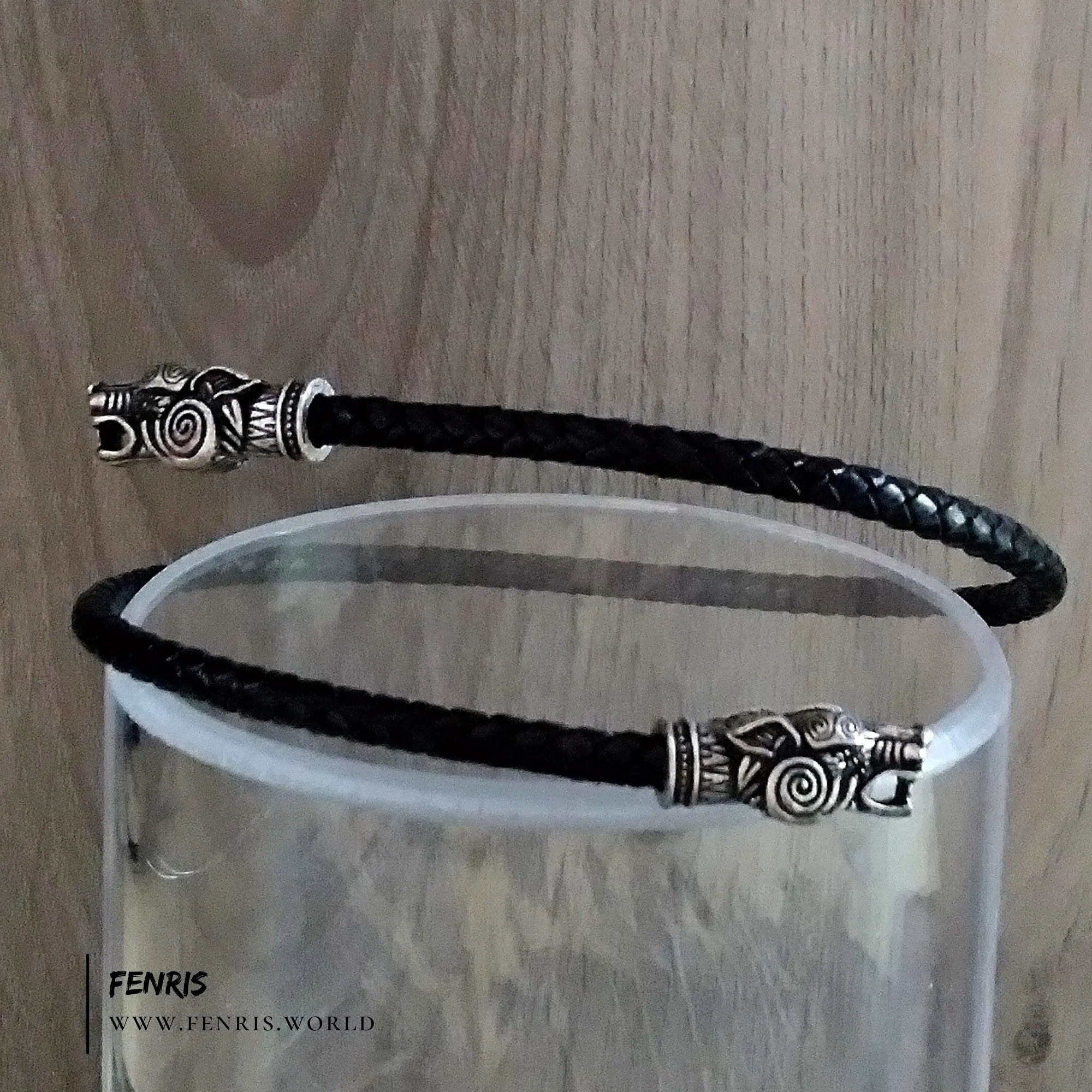 Wolf Arm Ring Torc Bracelet Silver Black Leather