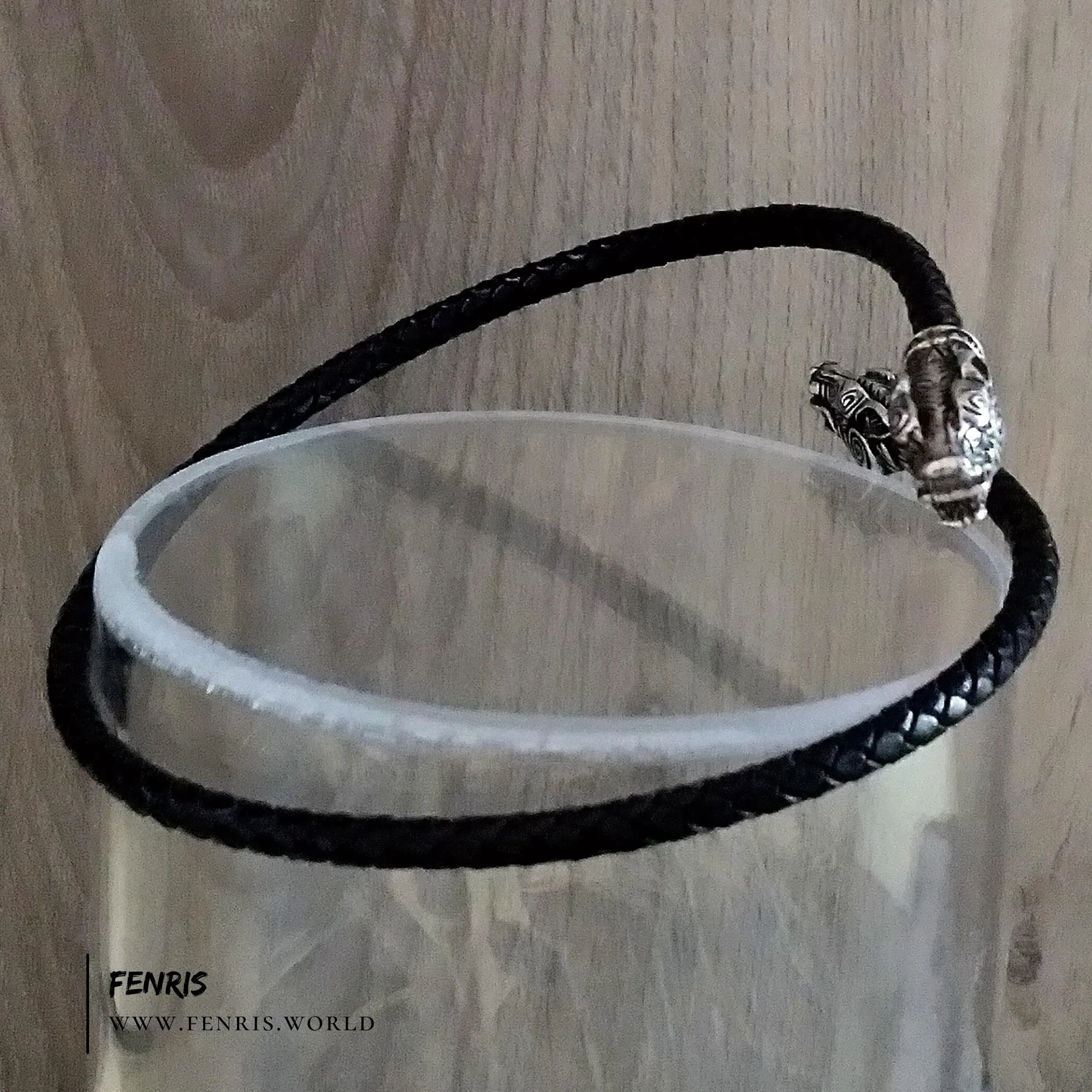 Wolf Arm Ring Torc Bracelet Silver Black Leather