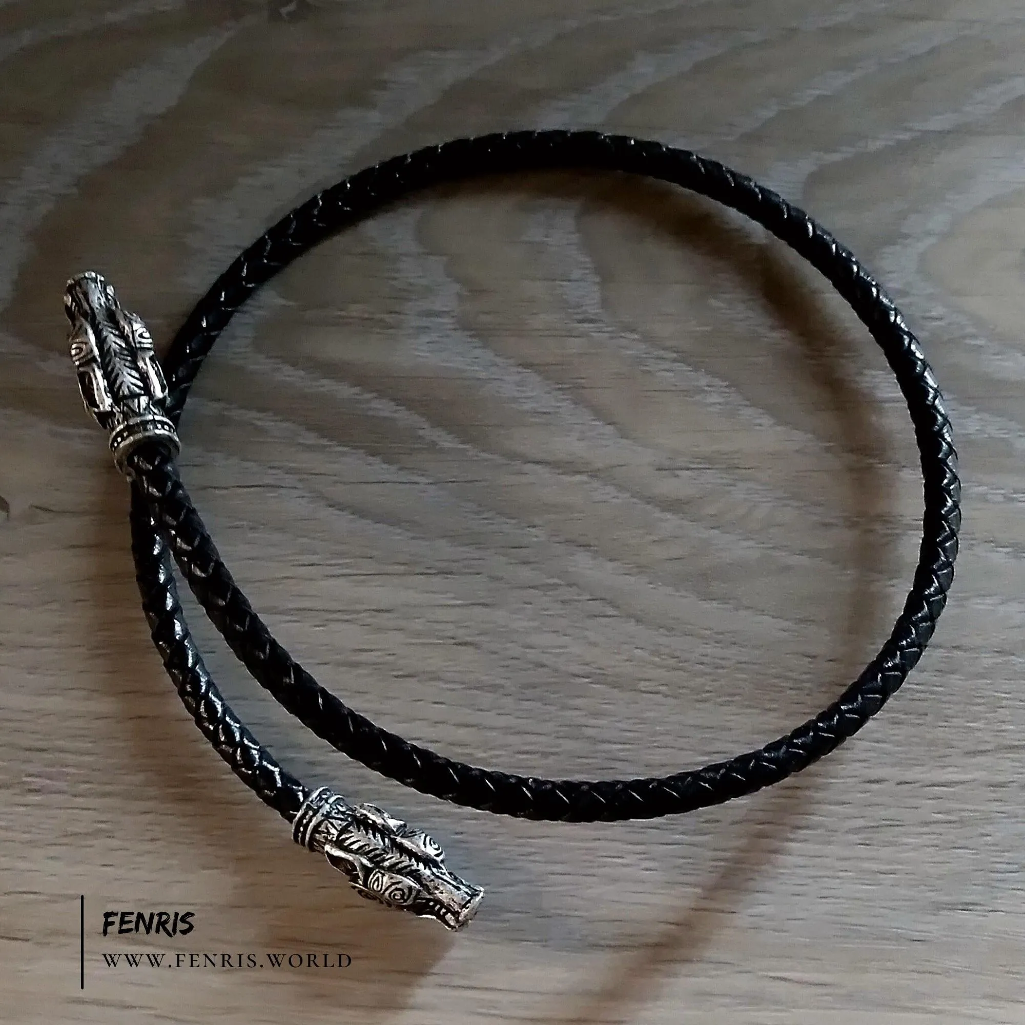 Wolf Arm Ring Torc Bracelet Silver Black Leather