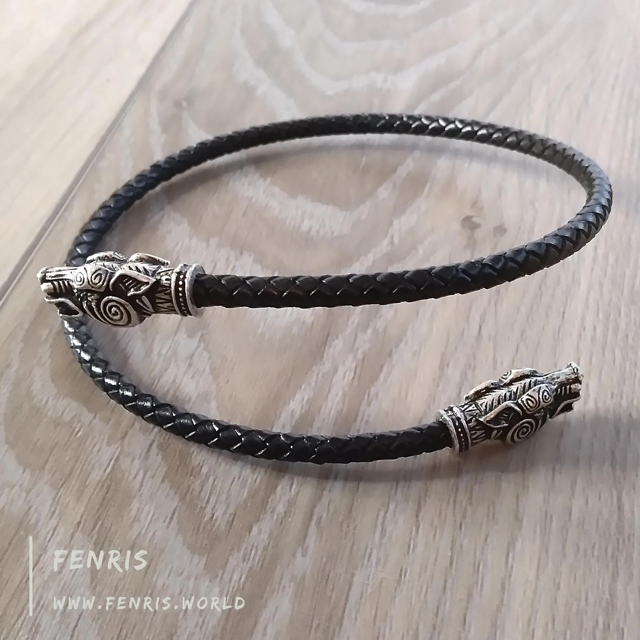 Wolf Arm Ring Torc Bracelet Silver Black Leather