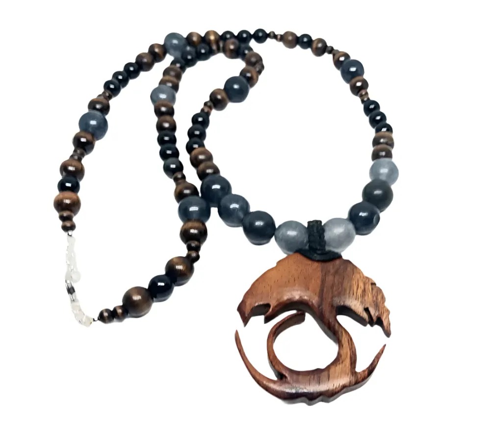 Wooden Yggdrasil Pendant Necklace with Obsidian and Jade crystal