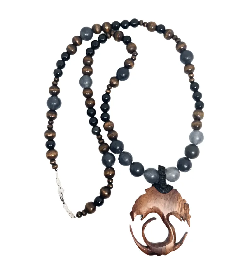 Wooden Yggdrasil Pendant Necklace with Obsidian and Jade crystal